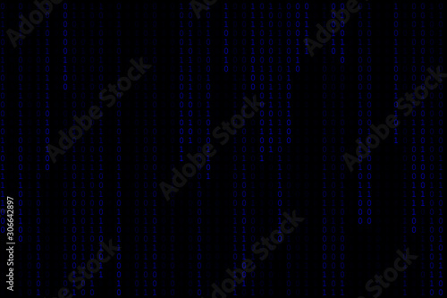 Technology digital binary code in color blue with matrix dark or black background.