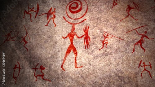 Ancient rock paintings show primitive people fighting and dancing animation. Aboriginal, Neanderthal, cave man. The Stone Age, the Ice Age. Science, anthropology.