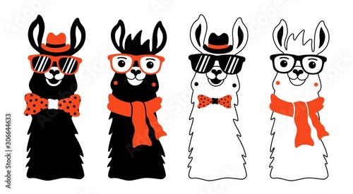 Vector set with llamas in sunglasses, red scarf, bow and hat