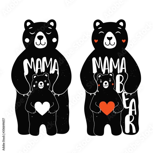 Vector set with mother bear and kid. Mama bear lettering words.