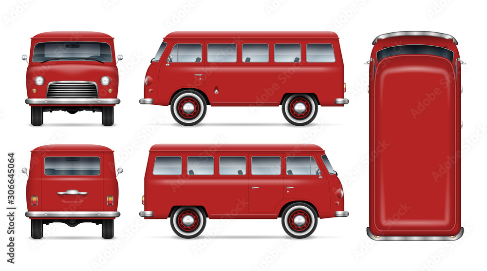 Old red van vector mockup on white background. Isolated mini bus view from side front back and top. All elements in the groups on separate layers for easy editing and recolor