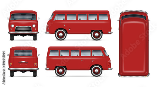 Old red van vector mockup on white background. Isolated mini bus view from side, front, back and top. All elements in the groups on separate layers for easy editing and recolor