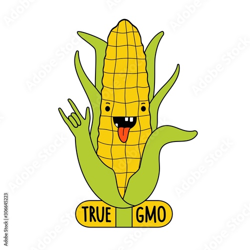 Vector illustration with cartoon yellow corn showing rock sign and lettering words True GMO.
