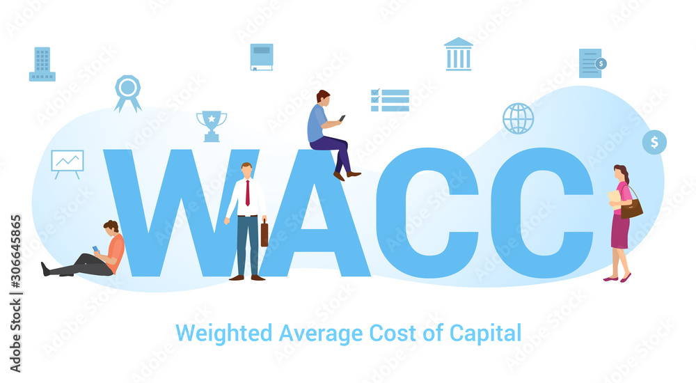 wacc weighted average cost of capital concept with big word or text and team people with modern flat style - vector