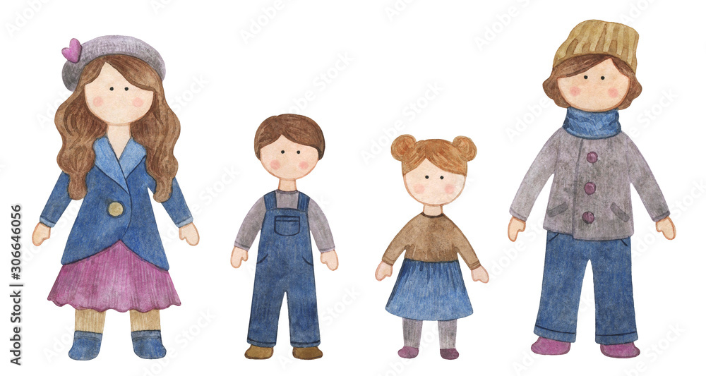 Watercolor handmade doll. Set with the cartoon girls. A good illustration for a sticker, a logo, a business card or a postcard. Doll, handmade, children's doll, interior doll. Watercolor handmade doll. Set with the cartoon girls. A good illustration for a sticker, a logo, a business card or a postcard. Doll, handmade, children's doll, interior doll.