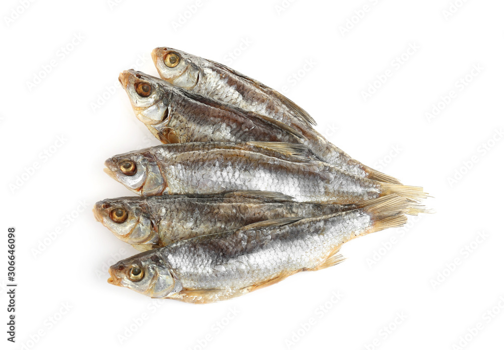 Tasty dried fish isolated on white, top view. Seafood