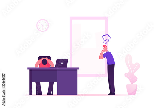 Depressed Businesspeople Afraid of Angry Boss in Office. Employees Feeling Stress at their Workplace, Man Put Head Down on Working Desk, Scared Colleague Stand nearby. Cartoon Flat Vector Illustration
