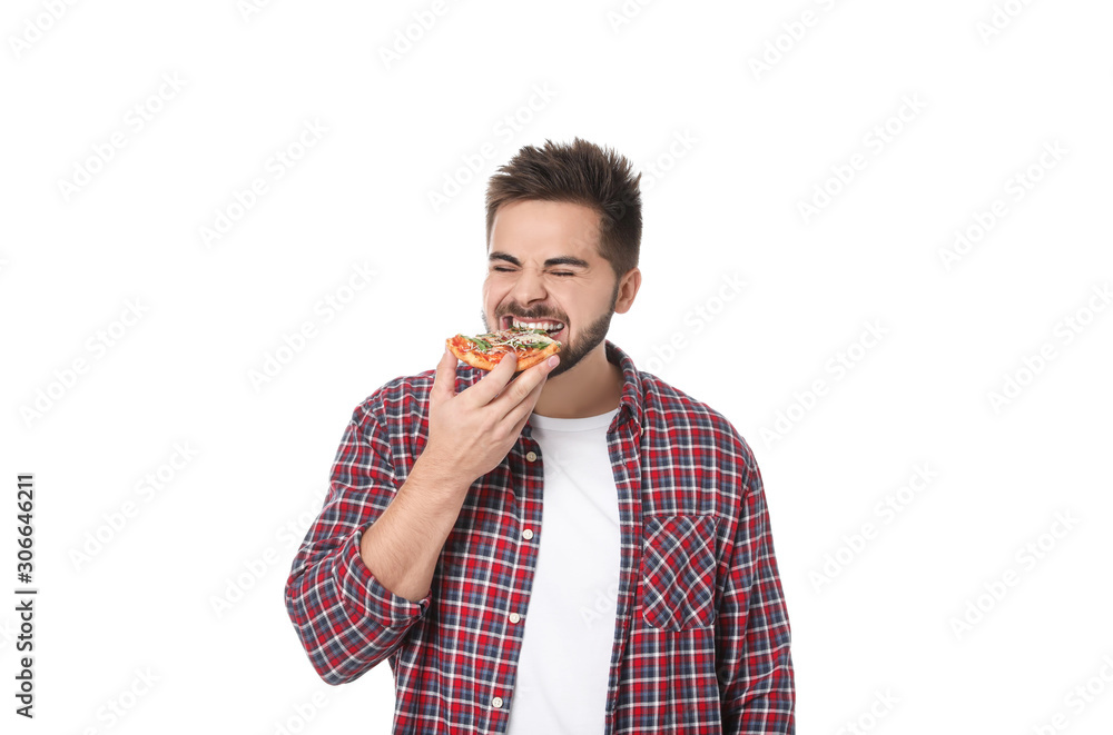 Emotional man eating pizza isolated on white Emotional man eating pizza isolated on white