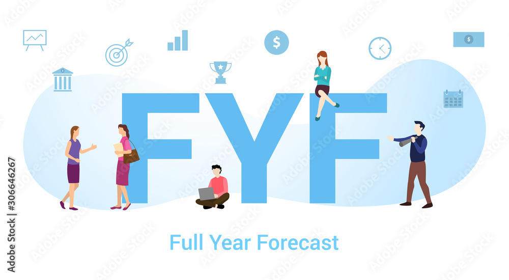 fyf full year forecast concept with big word or text and team people with modern flat style - vector