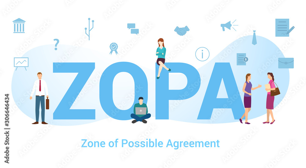 zopa zone of possible agreement concept with big word or text and team people with modern flat style - vector
