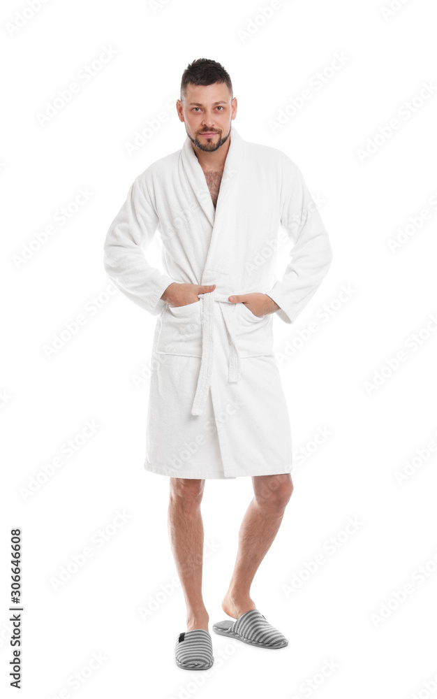 Handsome man wearing bathrobe on white background Handsome man wearing bathrobe on white background
