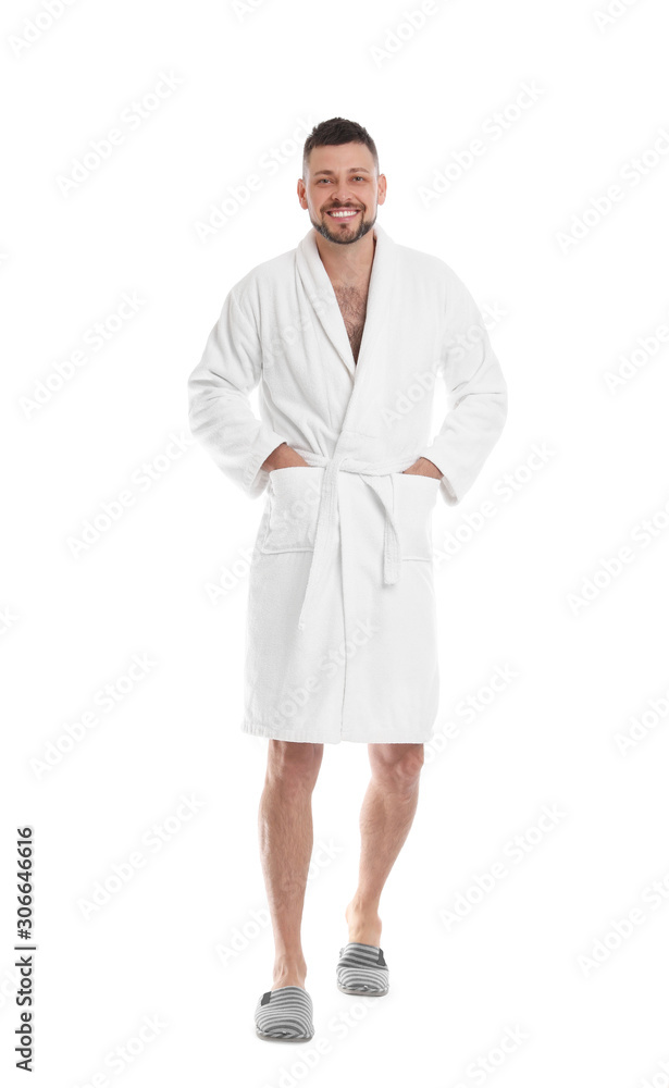 Handsome man wearing bathrobe on white background Handsome man wearing bathrobe on white background