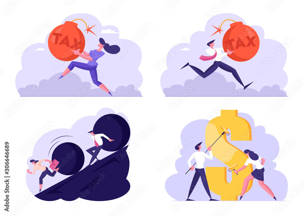 Set of Businesspeople Tax Payment, Escape of Huge Rolling Rock, Painting Golden Dollar Sign with Rollers. Business Troubles, Debt, Finance Success and Failure Concept. Cartoon Flat Vector Illustration Set of Businesspeople Tax Payment, Escape of Huge Rolling Rock, Painting Golden Dollar Sign with Rollers. Business Troubles, Debt, Finance Success and Failure Concept. Cartoon Flat Vector Illustration