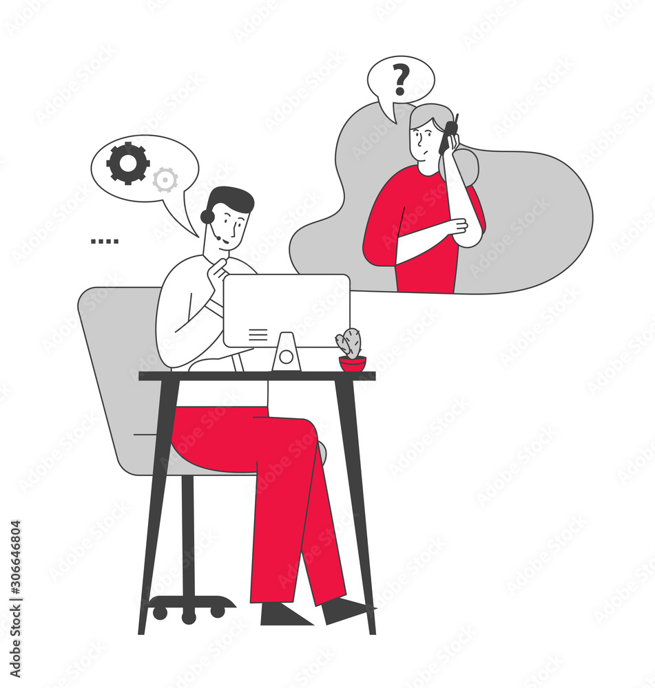Operator and Client Hotline Communication, Consultation. Technical Support Specialist Sit at Computer in Call Center Answering Client Questions by Telephone. Cartoon Flat Vector Illustration, Line Art