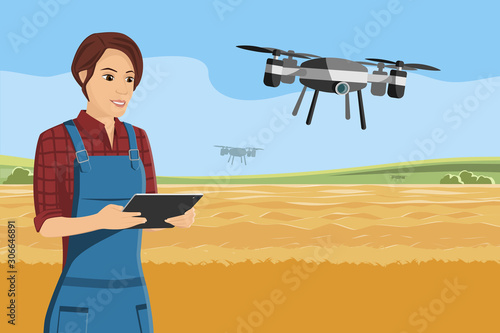 Woman farmer with drone on a wheat field. Digital transformation in agriculture and smart farming. Vector illustration EPS10	