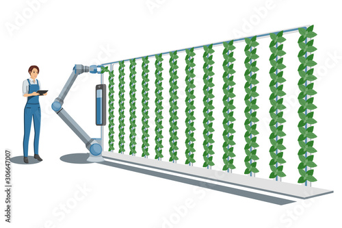Woman farmer with digital tablet controls robotic arm in greenhouse with vertical gardens. Smart farm with wireless control. Vector illustration.