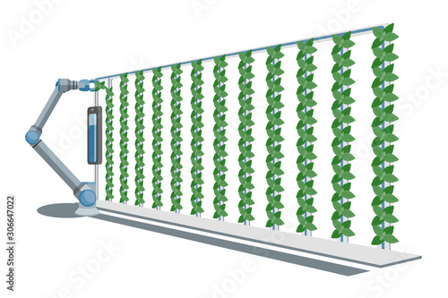 Robotic arm in greenhouse with vertical gardens. Smart farm with wireless control. Vector illustration.