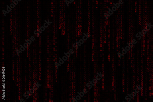 Photography Technology digital china or chinese text number of one, two, three, four, five, six, seven, eight, nine and zero or binary code in color red with matrix dark or black background