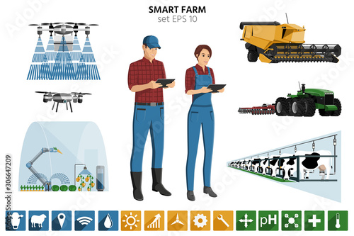 Smart farming set. Modern farmers with digital tablet, autonomous harvester, tractor, drone, greenhouse with robot, automated milking. Elements for design and infographics. Vector illustration EPS 10