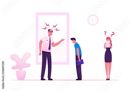 Angry Furious Boss Scolding and Rebuking Incompetent Employees in Office. Dissatisfied Ceo Shouting on Businessman and Businesswoman at Workplace. Stress Situation Cartoon Flat Vector Illustration