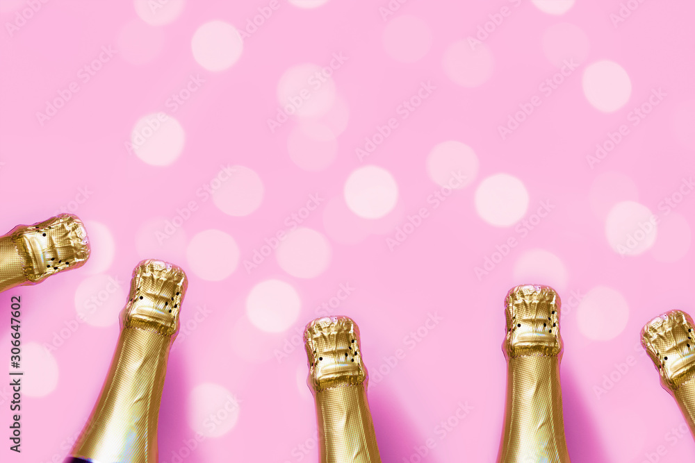 Champagne bottles on a pastel pink background with bokeh lights - Christmas  / New Year / Bachelorette party festive backdrop Stock Photo | Adobe Stock