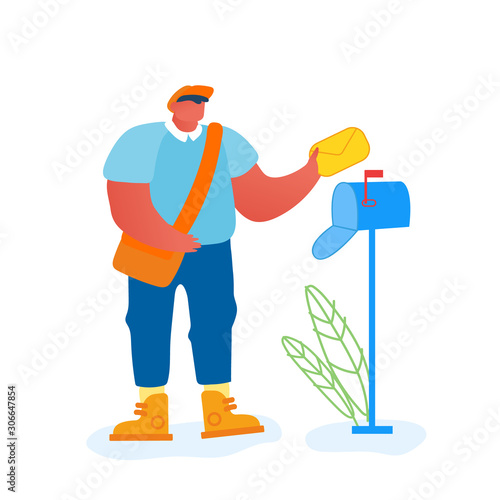 Man Postman with Bag on Shoulder Putting Letter in Mail Box Isolated on White Background. Faceless Male Character Post Office Employee Delivering Mailing to People. Cartoon Flat Vector Illustration