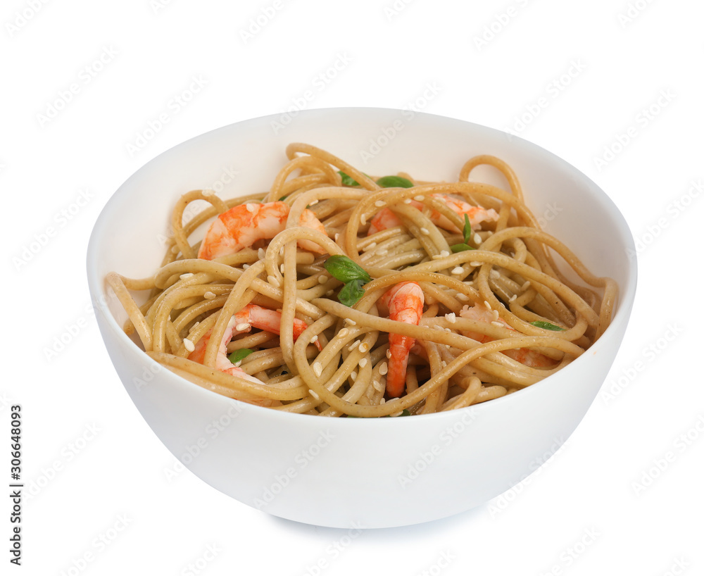 Tasty buckwheat noodles with shrimps in bowl isolated on white