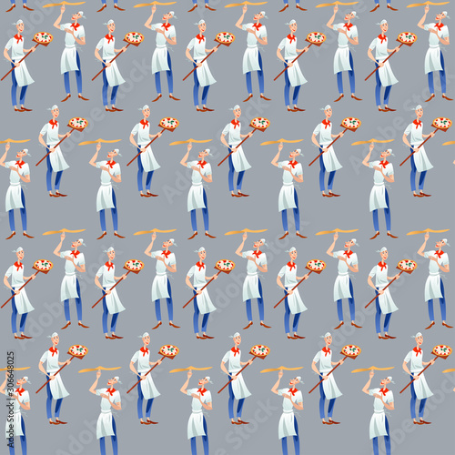 Pizzaiolo (pizza maker). Two men prepare pizza. Pizzaiolo prepares a pizza dough. Baker holds pizza on long shovel. Seamless background pattern.