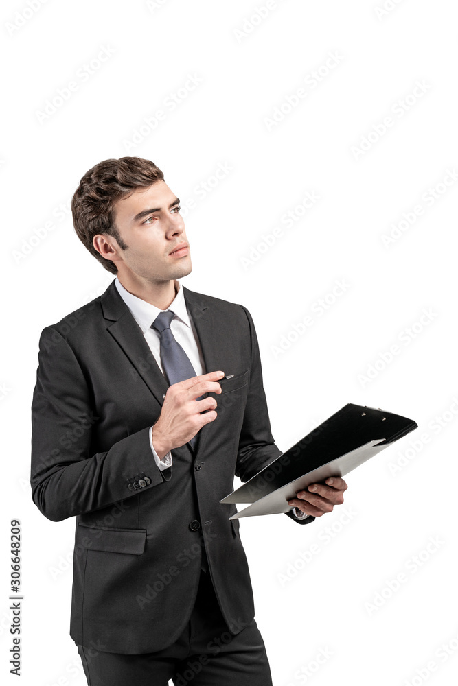 Thoughtful businessman with clipboard, isolated