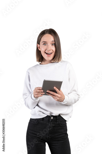 Happy young woman with tablet, isolated