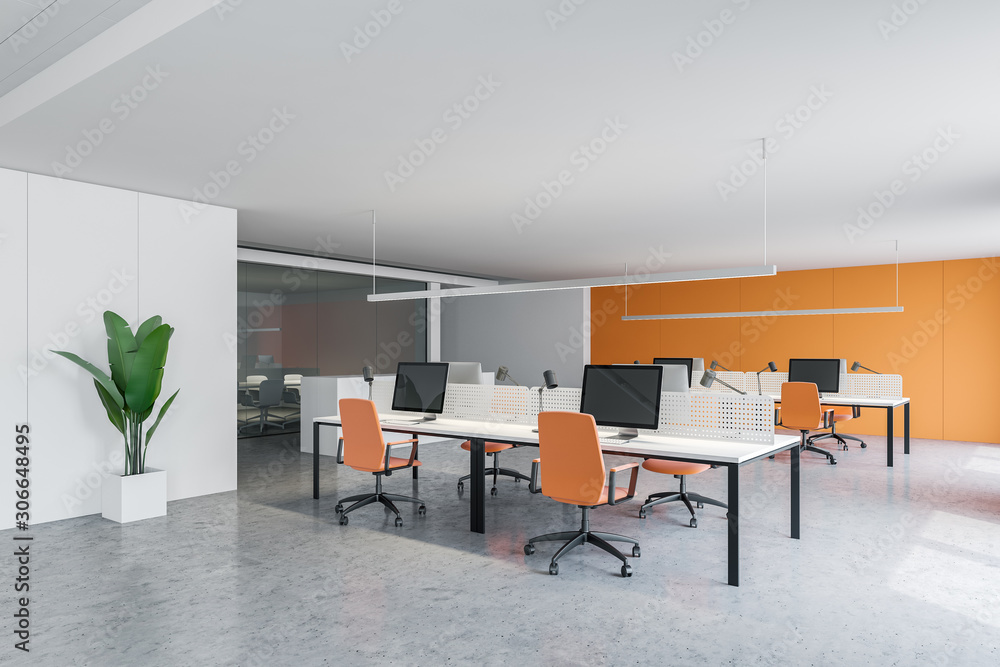 White and orange office with conference room