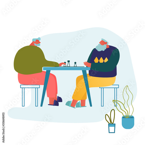 Relaxing Senior Men Playing Chess in Nursing Home. Couple of Cheerful Pensioners Spending Time Together at Intellectual Game, Retired People Leisure and Sparetime. Cartoon Flat Vector Illustration