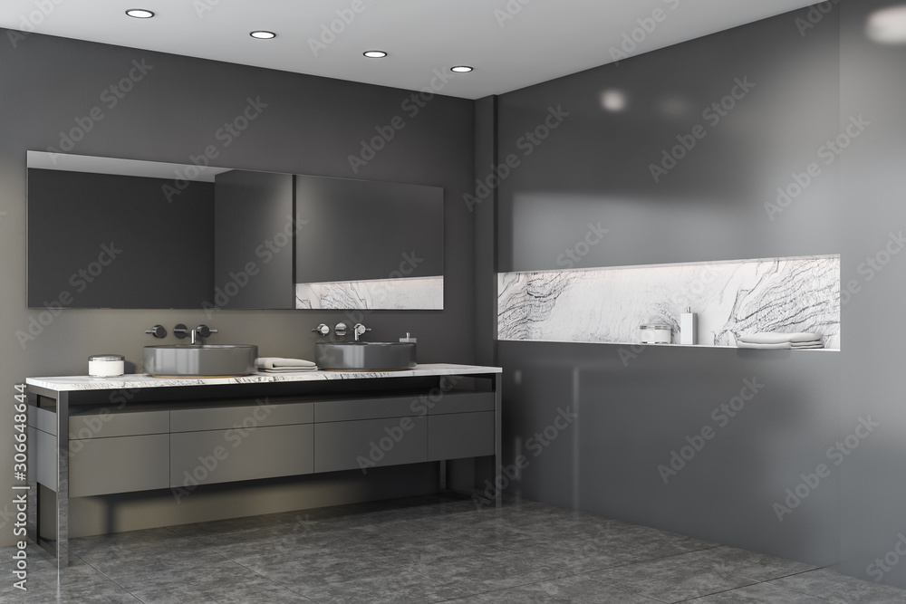 Fototapeta premium Grey bathroom corner with sink and marble shelf