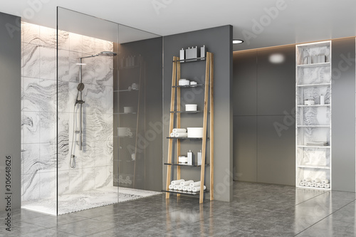 Grey and marble bathroom with shower stall photo