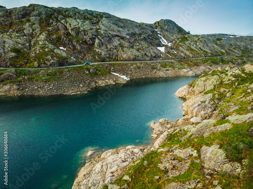 Road and lakes in mountains Norway