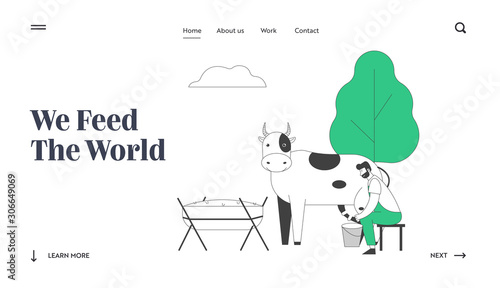Farming Rancher Working on Animal Farm Website Landing Page. Milkmaid Man Milking Cow to Bucket. Milk and Dairy Farmer Agriculture Products Web Page Banner. Cartoon Flat Vector Illustration, Line Art