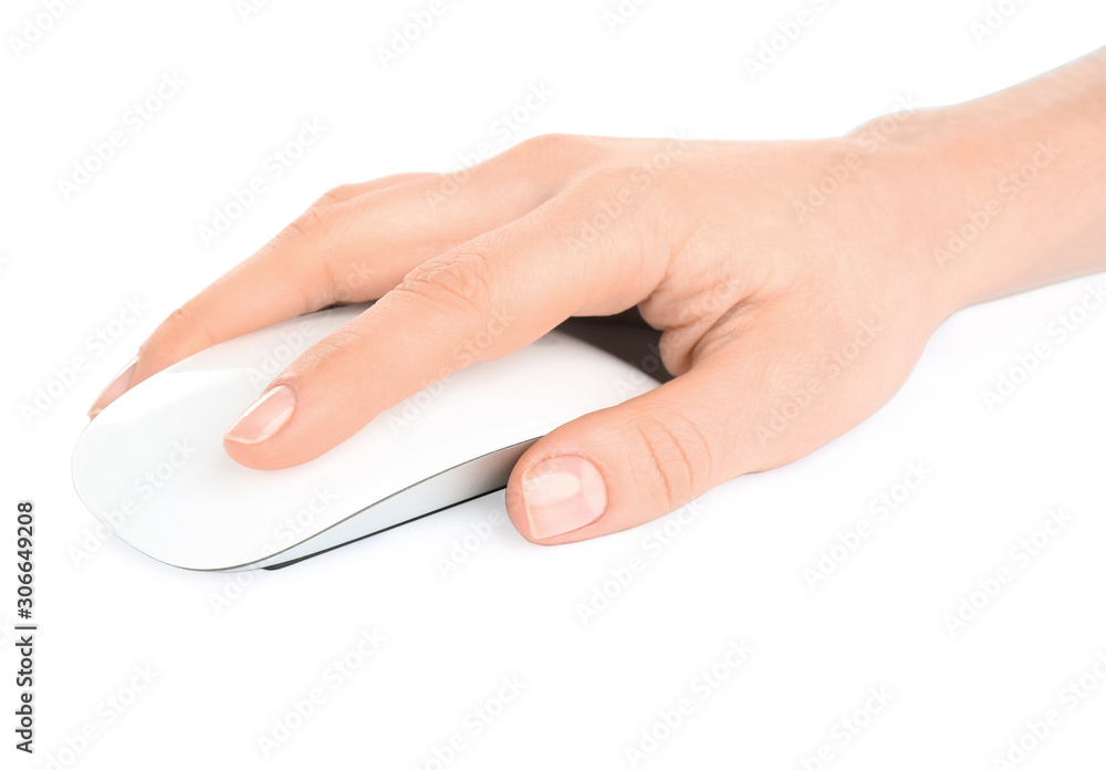 Woman using modern wireless optical mouse isolated on white, closeup Woman using modern wireless optical mouse isolated on white, closeup