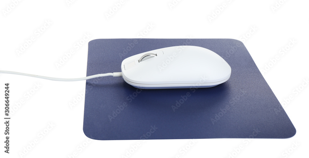 Modern wired optical mouse and blue pad isolated on white Modern wired optical mouse and blue pad isolated on white