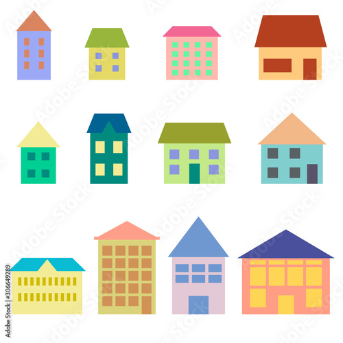 PrintSet of simple geometric houses on an isolated white background. Vector illustration in flat design.