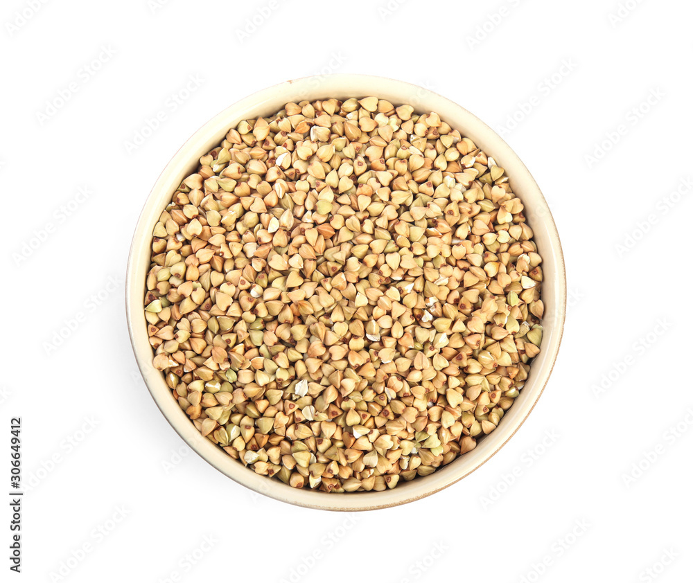 Green buckwheat in bowl isolated on white, top view Green buckwheat in bowl isolated on white, top view