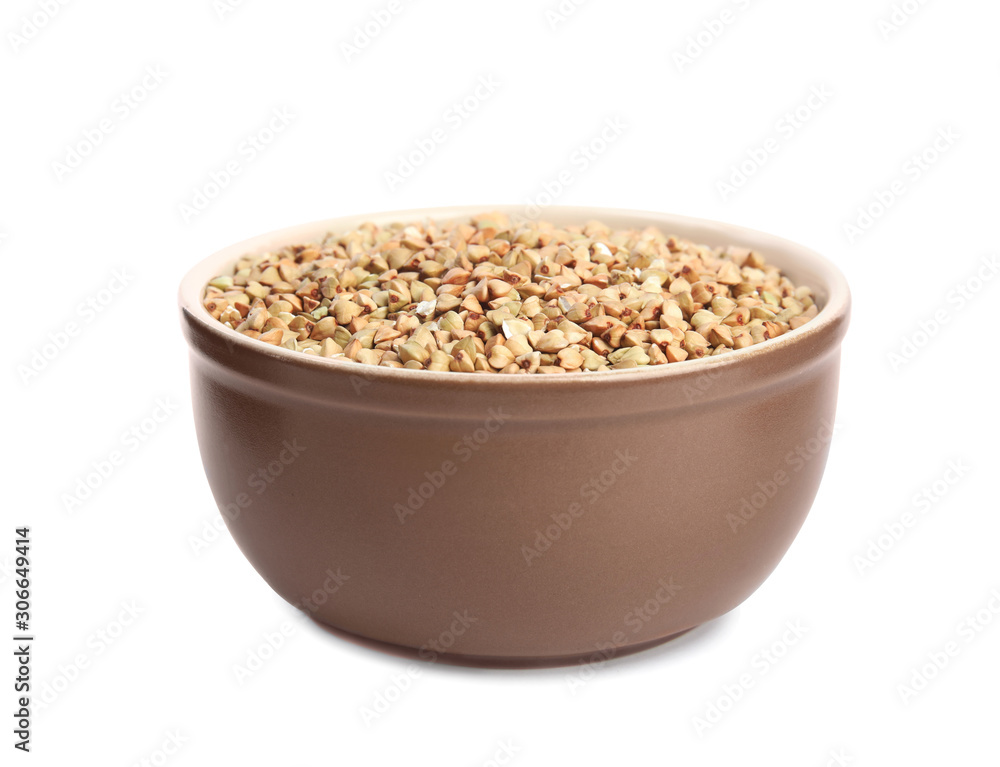 Green buckwheat in bowl isolated on white Green buckwheat in bowl isolated on white