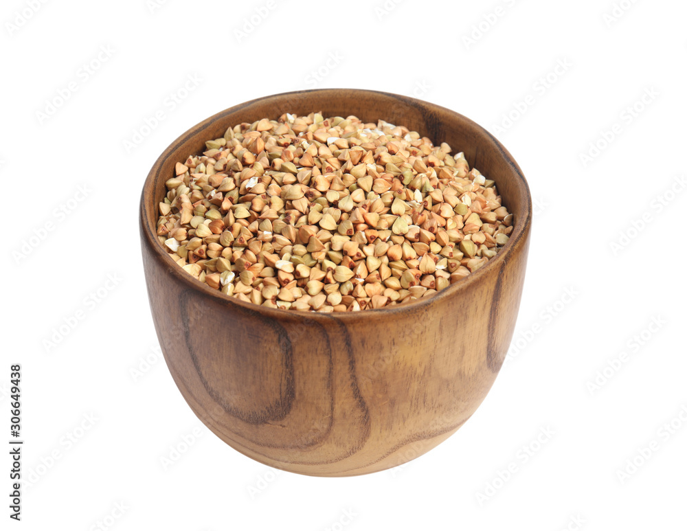 Green buckwheat in bowl isolated on white Green buckwheat in bowl isolated on white