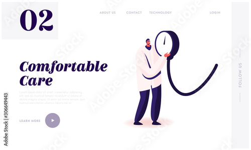 Measuring of Arterial Blood Pressure, Cardiology Diseases Website Landing Page. Tiny Doctor Holding Huge Medical Device Tonometer for Checking Pressure Web Page Banner Cartoon Flat Vector Illustration