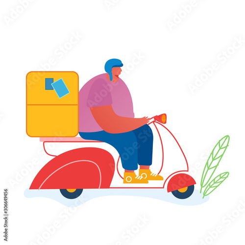 Post Express Delivery Service Concept. Male Postman Character Wearing Helmet Shipping Parcels and Mail by Scooter. Courier Man Carry Box Delivery Packages to Address. Cartoon Flat Vector Illustration