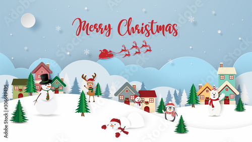 Paper art, Craft style of Landscape of village countryside, Merry Christmas and Happy New Year