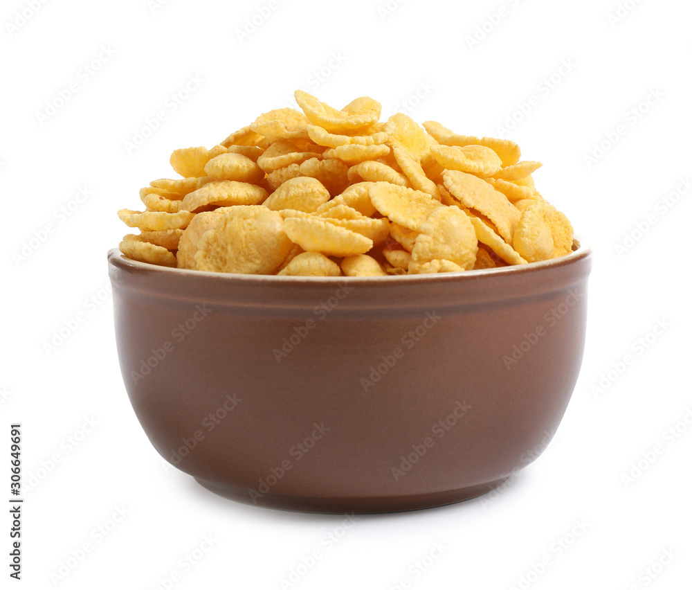 Bowl of tasty corn flakes isolated on white Bowl of tasty corn flakes isolated on white