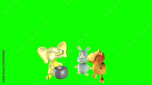 Friends blow bubbles. Elephant, Rhino and Hippo. Funny. Dances. cartoon, cartoon film, animated film. 3D video. Chroma key. 3D rendering.