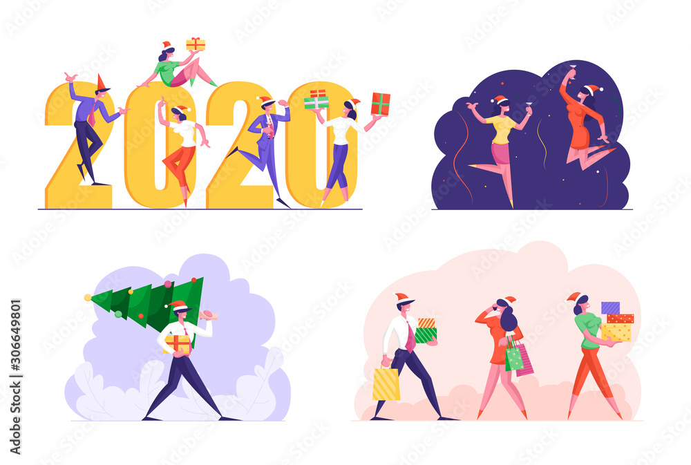 Set of Cheerful Colleagues in Santa Hats Prepare and Celebrate Xmas and 2020 New Year Party in Office . Happy People Workers Dancing Having Fun at Christmas Corporate Cartoon Flat Vector Illustration Set of Cheerful Colleagues in Santa Hats Prepare and Celebrate Xmas and 2020 New Year Party in Office . Happy People Workers Dancing Having Fun at Christmas Corporate Cartoon Flat Vector Illustration