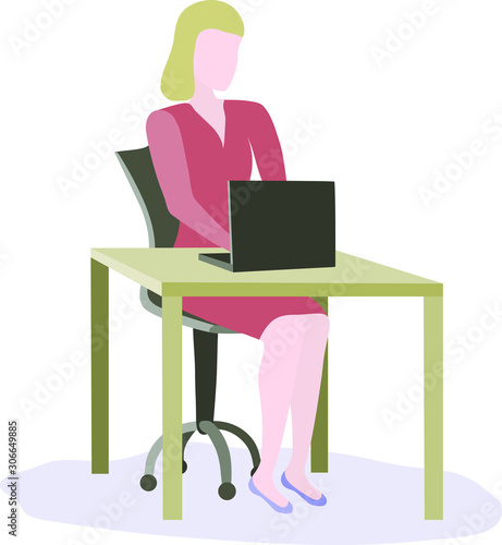 Business woman at desk working on laptop. Vector illustration in flat style