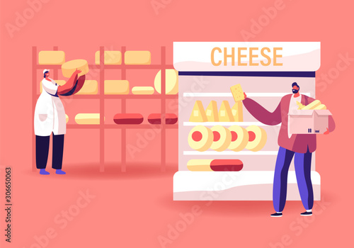 Industrial Factory Milky Food Manufacture and Selling. Woman Worker Put Cheese Heads on Racks, Man Customer Choose and Take Dairy Production on Supermarket Shelf. Cartoon Flat Vector Illustration